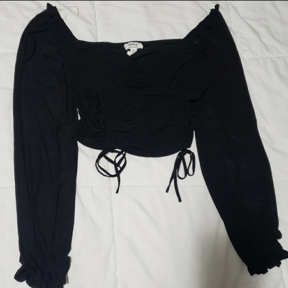 Black mesh ruched top with sleeves - Picture 5 of 7